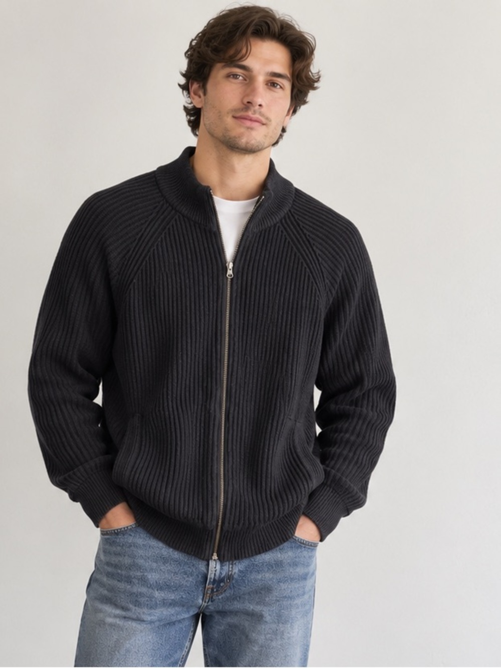 Denver Hayes Men’s Black Ribbed Cotton Full Zip Cardigan Jacket – Size Medium